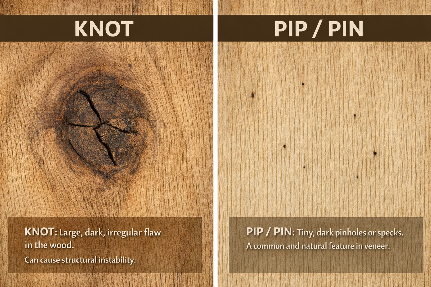 Knots vs. Pips & Pins in Wood Veneer: Understanding the Difference